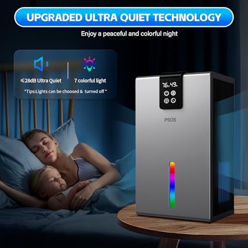 Dehumidifier, 98 OZ Water Tank, Dehumidifier for Home 1000Sq.Ft Quiet Dehumidifiers for Basement, Bedroom, Bathroom, RV with Humidity Display, Auto Shut Off, Relaxing 7 Color Ambient Light(Gray)