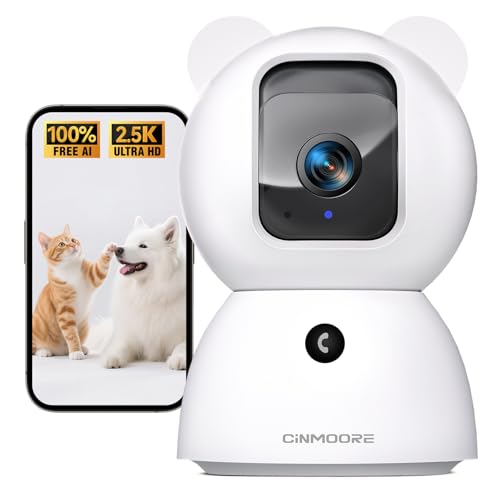 CINMOORE 2.5K Pet Camera, Indoor Security Cam, Free AI Pet/Person/Cry Detection, Dog/Cat/Baby Monitor Pan Tilt 2.4GHz WiFi, Night Vision, Full Duplex Audio Caméra Surveillance Intérieur