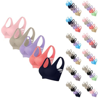 5 Pack Sports Bras for Women Plus Size Wireless Bra Seamless Yoga Top Navy