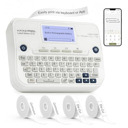 SUPVAN E12 Keyboard & Bluetooth Label Maker Machine with 4 Tapes, White