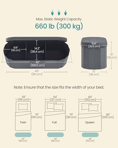 SONGMICS Folding Ottoman with Storage, Oval Storage Ottoman Bench, for Living Room, Velvet Fabric, 38 x 110 x 38 cm, Slate Gray ULSF297GN01