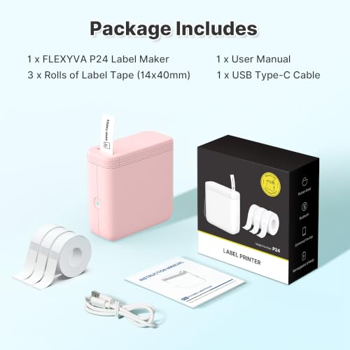 FLEXYVA P24 Label Maker Machine with Tape, Label Printer with 3 Tapes, Pink
