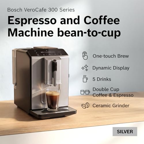 Bosch 300 Series Fully Auto Espresso Machine with Grinder and Steam Wand | Double Cup, Large Bean Capacity - Easy Clean, Maintenance - Barista Quality Super Coffee Maker for One-Touch Drinks