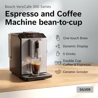 Bosch 300 Series Fully Auto Espresso Machine with Grinder and Steam Wand | Double Cup, Large Bean Capacity - Easy Clean, Maintenance - Barista Quality Super Coffee Maker for One-Touch Drinks