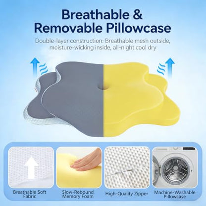 Cervical Neck Pillow Memory Foam, 2 in 1 Butterfly Contour Pillow for Neck Pain Relief, Ergonomic Support Pillow with 2 Heights for Side Back Stomach Sleeper, Breathable Ice Silk Cover