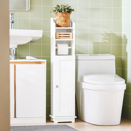 SoBuy Corner Toilet Paper Holder Stand, 23 * 20 * 100CM | Toilet Paper Cabinet with Lift-Up Top, Adjustable Shelf & 4 Wheels, Small White Washroom Storage Cabinet, FRG177-W