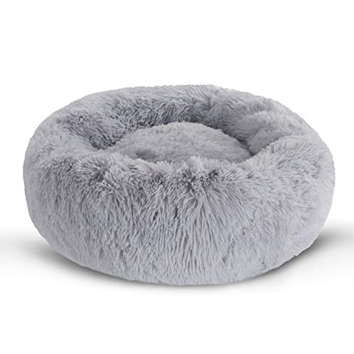 BVAGSS Small Dog Bed Cat Bed Calming Plush Pet Bed Soft Washable Anti Anxiety Round Donut Cuddler Fluffy Puppy Bed for Puppy & Kitten JA037 (20 inch, Light Grey)