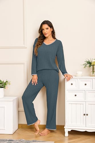 VINTATRE Women's Pajama Sets Long Sleeve Casual 2 Piece Lounge Set Pjs Outfit Fall Sleepwear 2025 Medium Blue-M