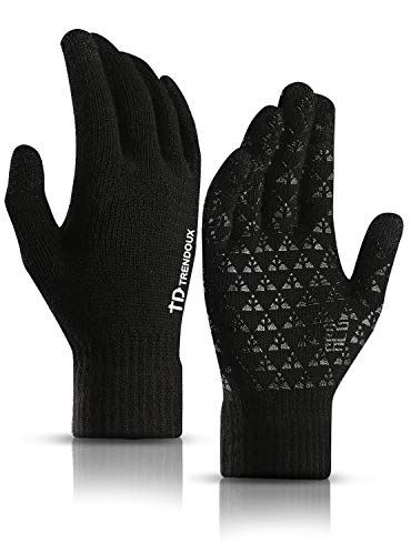 TRENDOUX Winter Gloves for Men Women - Unisex Knit Touch Screen, Thermal Warm Lining - Black-L