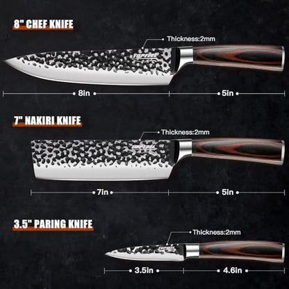 Topfeel 3PCS Chef Knife, Hand Forged High Carbon Stainless Steel Japanese Knife Sets, Ultra Sharp Professional Kitchen Knife Sets with Wood Ergonomic Handle