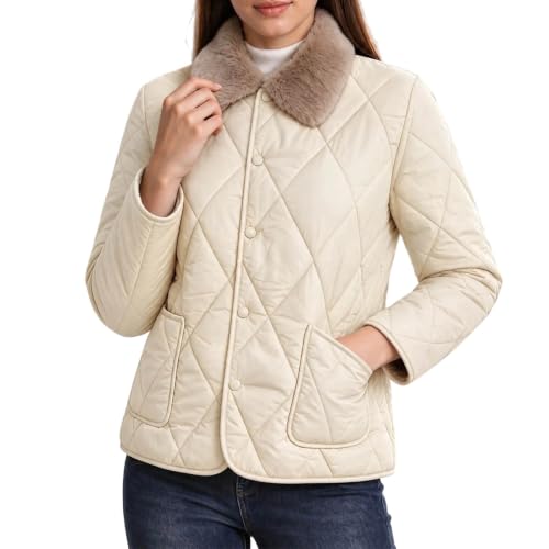 Women's Lightweight Quilted Jacket Faux Fur Collar Short Padded Coat Button Down Casual Mild Weather Outerwear with Pockets