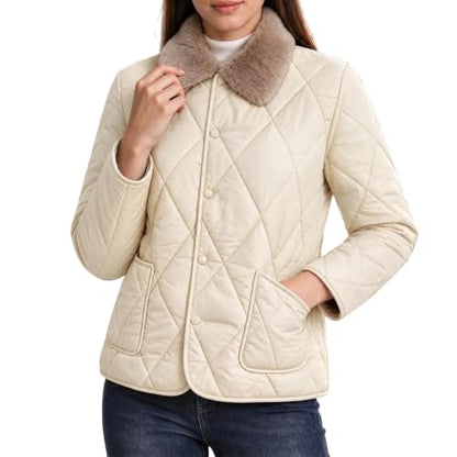 Women's Lightweight Quilted Jacket Faux Fur Collar Short Padded Coat Button Down Casual Mild Weather Outerwear with Pockets