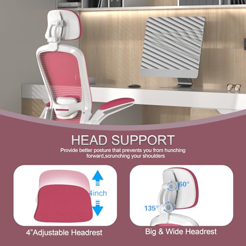 Mimoglad Office Chair, Comfy Desk Chair - High Back Ergonomic Computer Chair with Adjustable Lumbar Support & Headrest, Flip-up Armrests for Guitar Playing (Barbie Pink)
