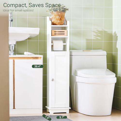 SoBuy Corner Toilet Paper Holder Stand, 23 * 20 * 100CM | Toilet Paper Cabinet with Lift-Up Top, Adjustable Shelf & 4 Wheels, Small White Washroom Storage Cabinet, FRG177-W
