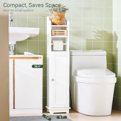 SoBuy Corner Toilet Paper Holder Stand, 23 * 20 * 100CM | Toilet Paper Cabinet with Lift-Up Top, Adjustable Shelf & 4 Wheels, Small White Washroom Storage Cabinet, FRG177-W