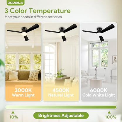 ZOUQILAI 42" Black Ceiling Fans with Lights and Remote, Low Profile Ceiling Fan with Light, Reversible DC Motors, 3CCT Dimmable Timer Noiseless, Flush Mount Ceiling Fan for Bedroom/Living Room