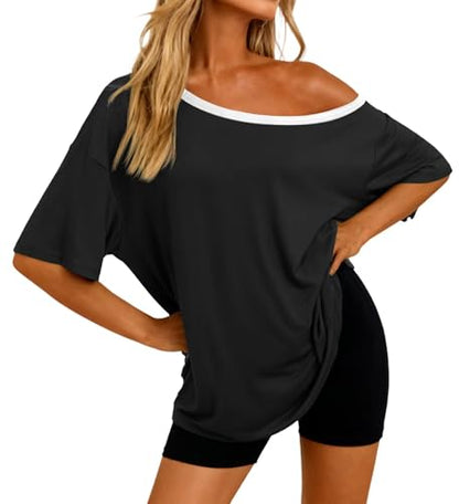 BONITEE Women Off The Shoulder Tops Loose Oversized Tshirt Casual Summer Batwing Short Sleeve Shirt Boat Neck Blouse Black M
