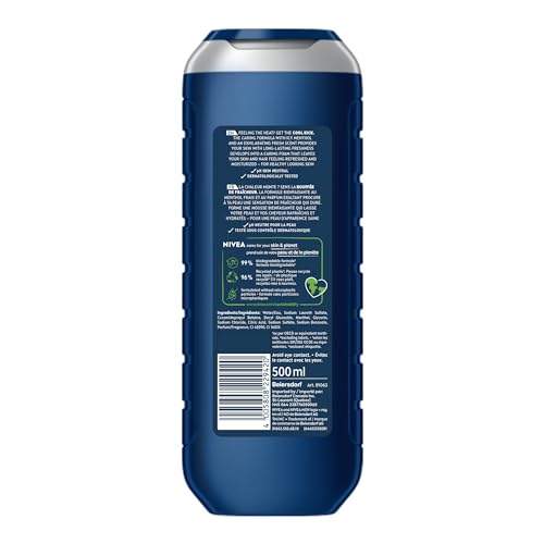 NIVEA MEN Cool Kick 3-in-1 Shower Gel, Body Face Hair, Icy Menthol, 500ml