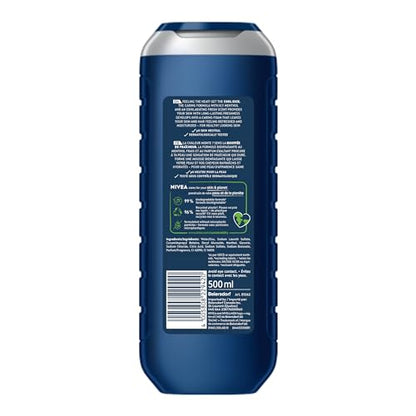NIVEA MEN Cool Kick 3-in-1 Shower Gel, Body Face Hair, Icy Menthol, 500ml