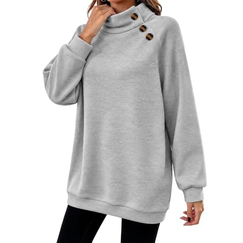 Mockneck Sweatshirt Sweatshirt for Women Trendy Mock Neck Button Decor Long Sleeve Pullover Top, Casual Loose Fit Solid Sweatshirts Gray
