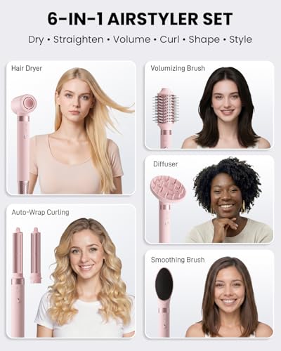 MESCOMB 6 IN 1 High Speed Hot Air Styler Hair Dryer Brush Kit, Soft Pink