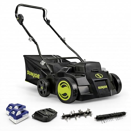 Sun Joe 24V-X2-DTS15 Scarifier and Dethatcher Kit, 5-Depth Positions, 15-inch, Brushless Motor, w/ 2 x 24-V 4.0-Ah Batteries and Dual Port Charger