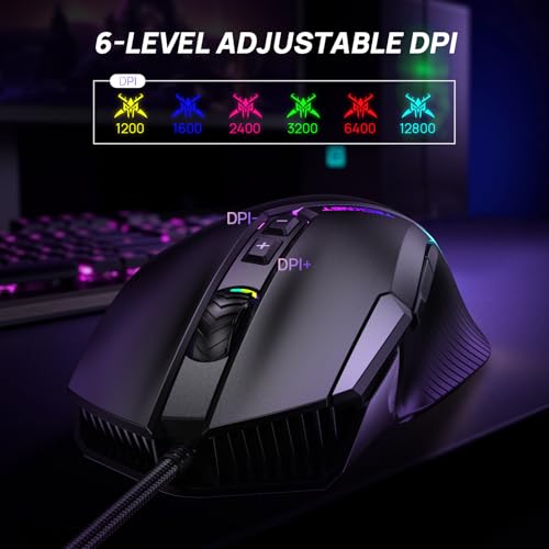 TECKNET Wired Gaming Mouse, 12,800 DPI with Optical Sensor, 8 Programmable Buttons, 13 RGB Backlit Modes, Ergonomic Design, Custom Software Gaming Mice for Laptop,PC