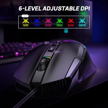 TECKNET Wired Gaming Mouse, 12,800 DPI with Optical Sensor, 8 Programmable Buttons, 13 RGB Backlit Modes, Ergonomic Design, Custom Software Gaming Mice for Laptop,PC
