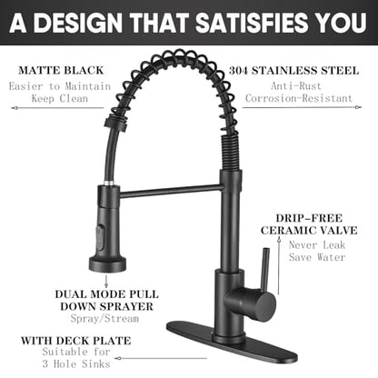 GIFTQOOL Commercial Kitchen Faucet with Pull Down 2 Modes Sprayer, 360° Swivel for Full Sink Coverage High-Arc Spring Design, Stainless Steel Single Handle 1 Hole Modern Taps, Matte Black