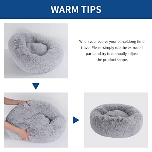BVAGSS Small Dog Bed Cat Bed Calming Plush Pet Bed Soft Washable Anti Anxiety Round Donut Cuddler Fluffy Puppy Bed for Puppy & Kitten JA037 (20 inch, Light Grey)