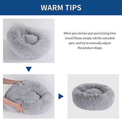 BVAGSS Small Dog Bed Cat Bed Calming Plush Pet Bed Soft Washable Anti Anxiety Round Donut Cuddler Fluffy Puppy Bed for Puppy & Kitten JA037 (20 inch, Light Grey)
