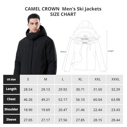 CAMEL Men's Winter Ski Jackets Waterproof Snow Coat with Hood Mountain Windproof Rain Jacket, Black, X-Large