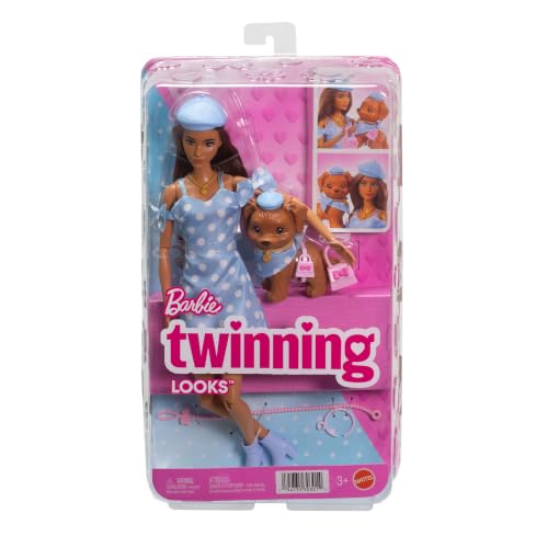 Barbie Twinning Looks Doll and Pet Dog in Matching Outfit and Accessories