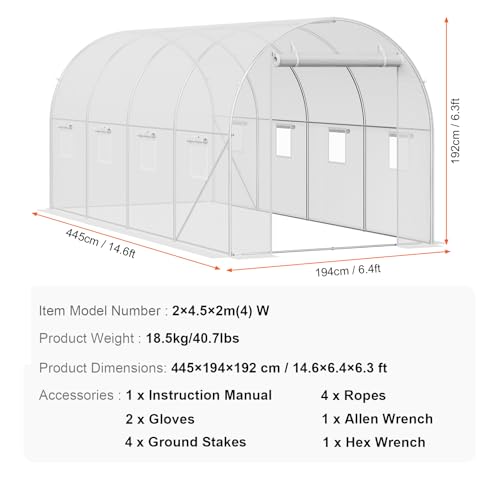 VEVOR Walk-in Tunnel Greenhouse, 14.6x6.4x6.3 ft Hoop House Greenhouse Tunnel, Plant Hot House with Galvanized Steel Frame, White PE Cover, Roll-up Zipper Door and 8 Windows for Outdoor