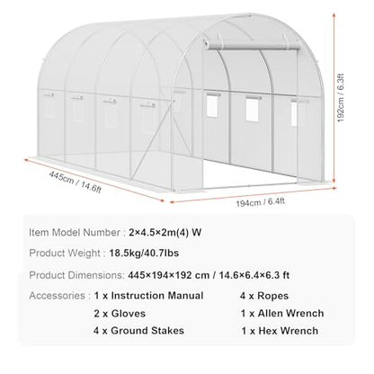 VEVOR Walk-in Tunnel Greenhouse, 14.6x6.4x6.3 ft Hoop House Greenhouse Tunnel, Plant Hot House with Galvanized Steel Frame, White PE Cover, Roll-up Zipper Door and 8 Windows for Outdoor