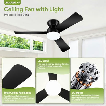 ZOUQILAI 42" Black Ceiling Fans with Lights and Remote, Low Profile Ceiling Fan with Light, Reversible DC Motors, 3CCT Dimmable Timer Noiseless, Flush Mount Ceiling Fan for Bedroom/Living Room