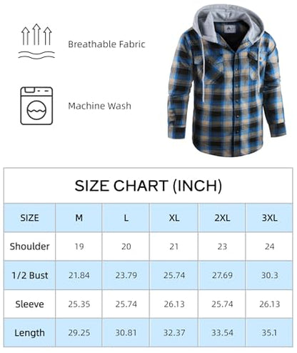 ZITY Mens Flannel Plaid Shirt Jacket Button Down Hoodie with Front Pockets