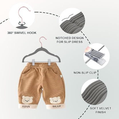 Wellong Baby Velvet Hangers with Clips Non-Slip for Clothes Gray 14 Pack