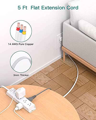 Addtam Flat Plug Power Bar, Ultra Thin Flat Extension Cord with 1050J Surge Protector, 12 Widely AC 3 Sides Multiple Outlets, 5Ft Wall Mount, Desk Charging Station for Home Office Dorm Room Essentials