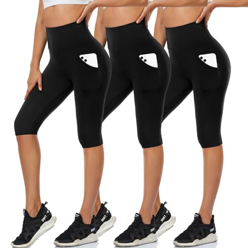 DHSO Women's Knee Length Leggings, High Waisted Biker Shorts with Pockets