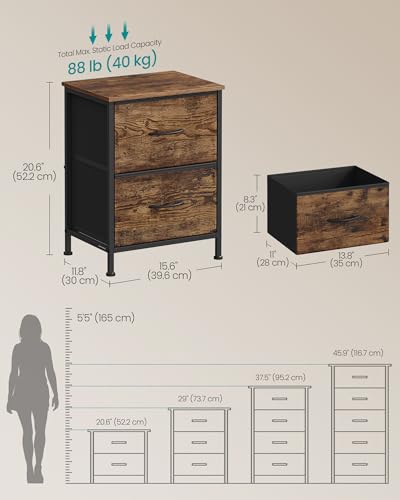 SONGMICS BELLAH Collection - Dresser for Bedroom, Chest of Drawers, Nightstand, 2 Drawers, Storage Organizer Unit, Closet, Entryway, Industrial, Rustic Brown and Ink Black ULGS312BH04