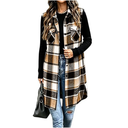Manteau Automne Femme, Womens Long Plaid Vest Fall Jackets Flannel Khaki