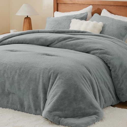BEDELITE Faux Fur Queen Comforter Set Light Grey,Fluffy Bedding,2 Pillowcases