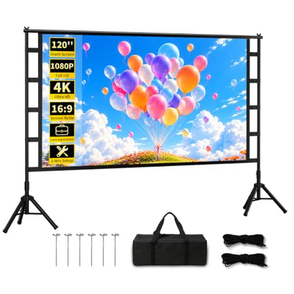 Sainyer 120 Inch Projector Screen with Stand, Halloween & Christmas | Portable 16:9 4K HD Screen, 1.2 Gain, Front & Rear Projection for Holiday Decor, Indoor Parties & Movie Nights