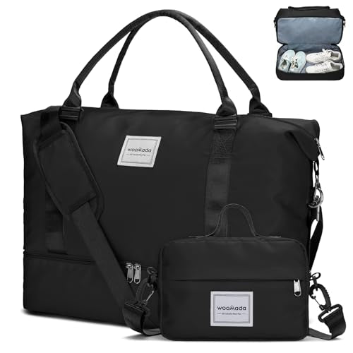 WOOMADA Weekender Overnight Bag for Women, Shoulder Travel Duffel with Shoes Compartment,Gym Bag with Toiletry Bag(Black)