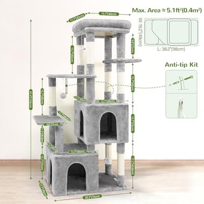 Globlazer Cat Tower for Indoor Cats, 61inch Heavy Duty Cat Trees for Large Adult Big Cats Maine Coon Cat Tree Tower with Scratching Post, Extra Large Top Perch, Cat Condos, F61, Light Grey