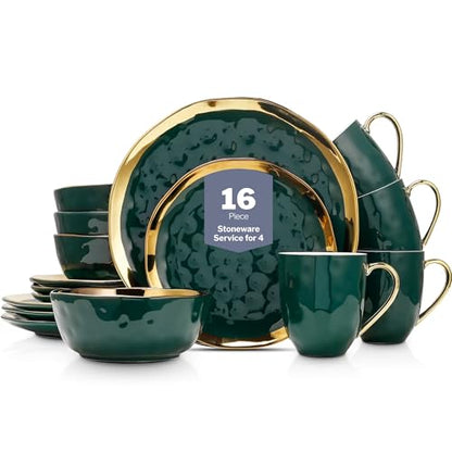 Stone Lain Gold Halo Porcelain Dinnerware Set, Service for 4, Green