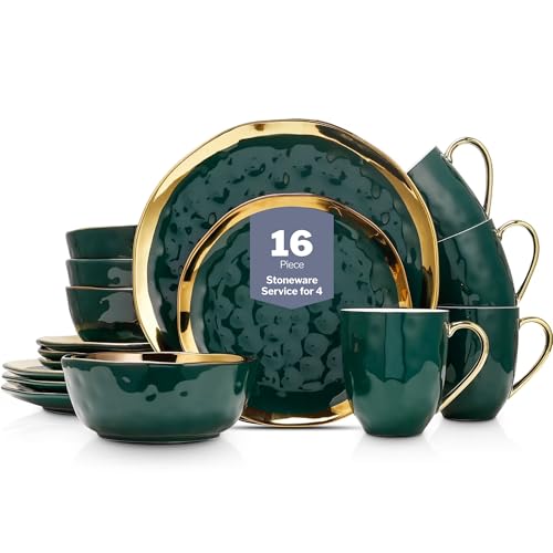 Stone Lain Gold Halo Porcelain Dinnerware Set, Service for 4, Green
