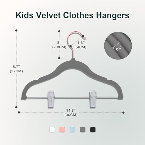 Wellong Baby Velvet Hangers with Clips Non-Slip for Clothes Gray 14 Pack