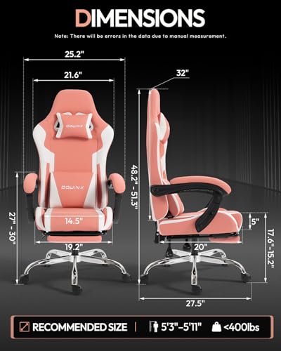 Ergonomic Gaming Chair with Footrest, Heavy Duty 330lbs Office Chair, Massage Lumbar Support, Adjustable Height & Headrest Pillow, Comfortable for Back Pain Relief, Streaming, Long Gaming, Pink